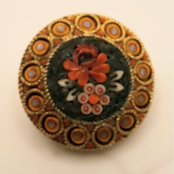 Vintage Women's. Mosaic Round Gold Tone Floral Flower Pin Brooch - Picture 2 of 3